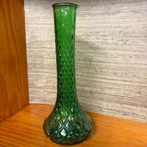 Vintage Elegant Green Glass Bud Vase Diamond Patterned